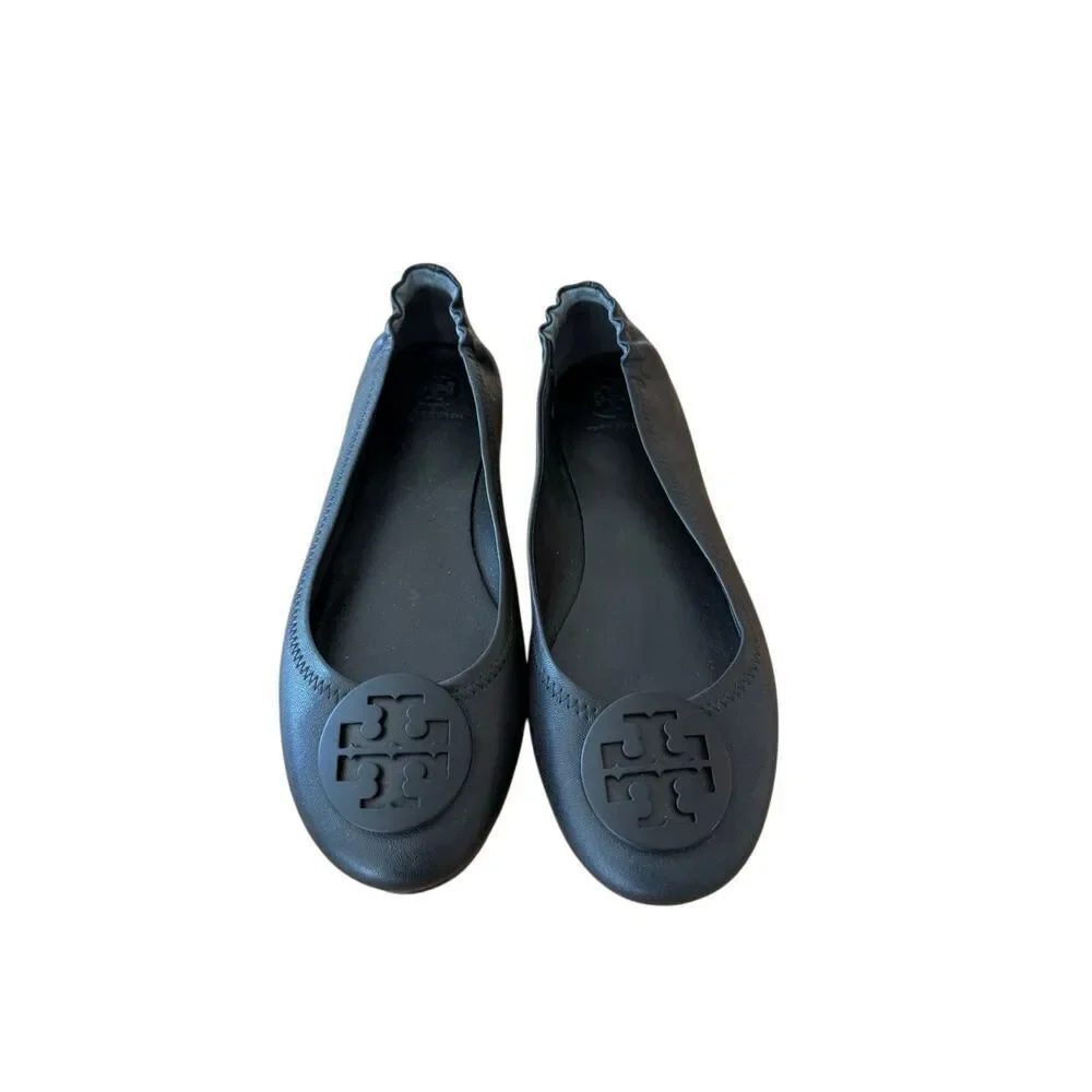 Tory Burch Womens Black Minnie Travel Leather Slip On Ballerina Flats Size 8.5